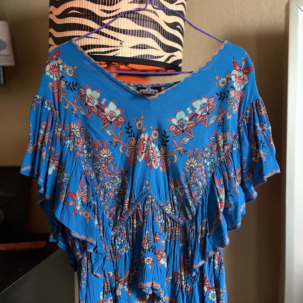 Angie Blue Floral V-Neck Top